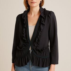 Anthropologie Cartonnier Black Jacket W/ Pockets & Ruffle Trim, Size Medium